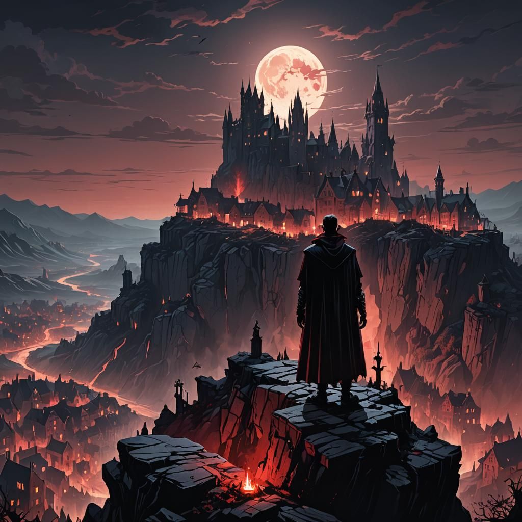 Gothic Vampire Overlooks Village in Dark Fantasy Illustratio...