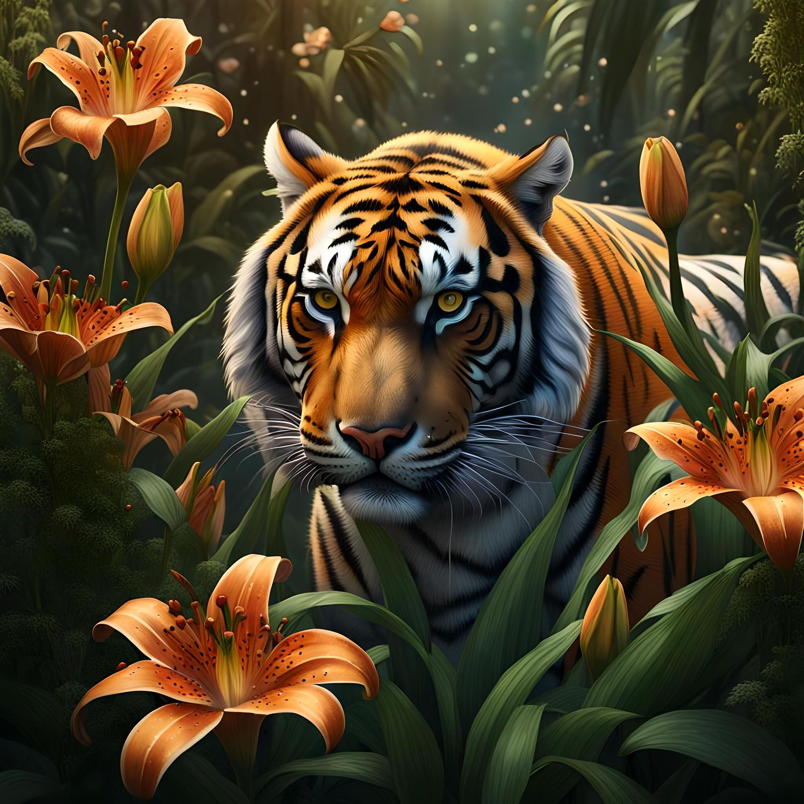 Tiger Hidden Among Tiger Lilies: Detailed Matte Painting