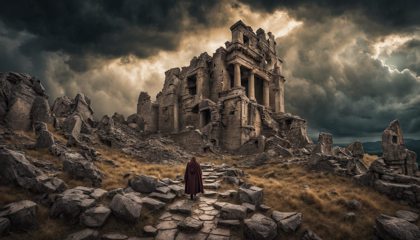 Surreal Fantasy Landscape with Ancient Ruins and Ominous Sto...