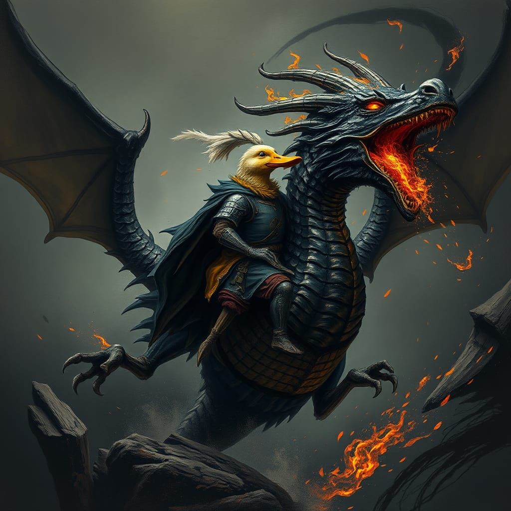 Armored Duck Rides Dragon in Dark Fantasy Style