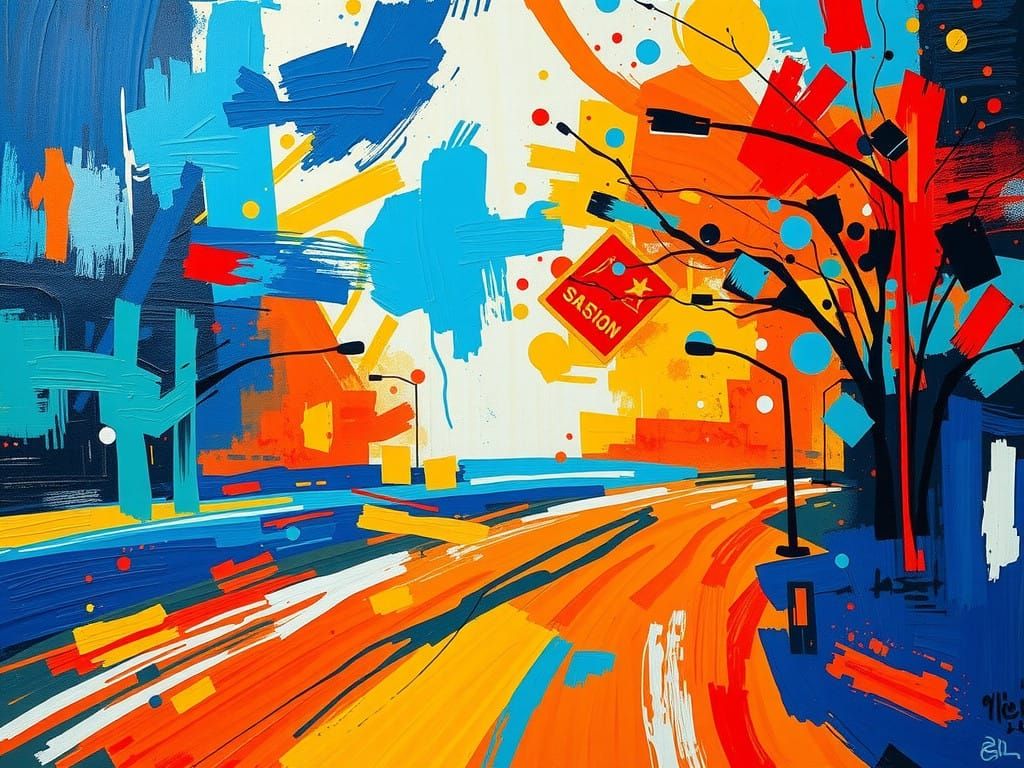 Energetic Abstract Crossroads Scene in Bold Brushstrokes