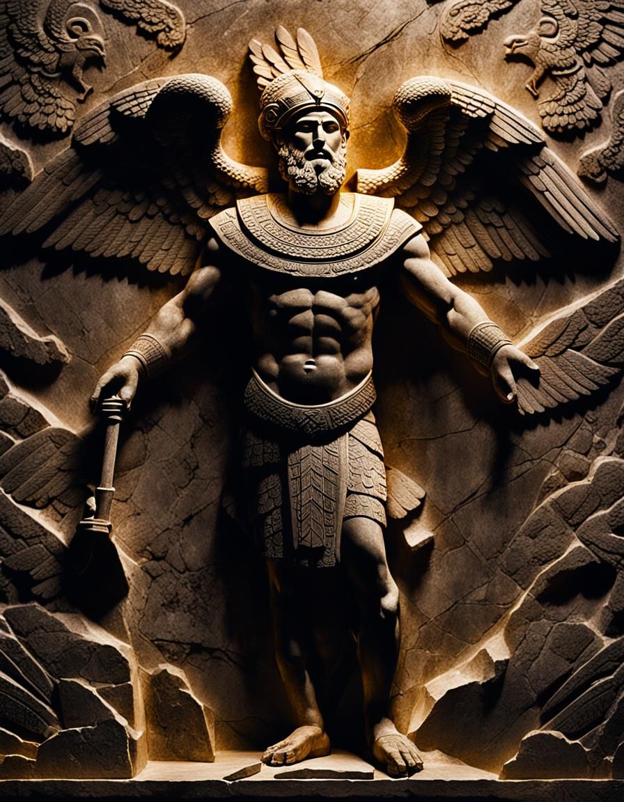 Winged Man Low Relief Sculpture in Assyrian Style