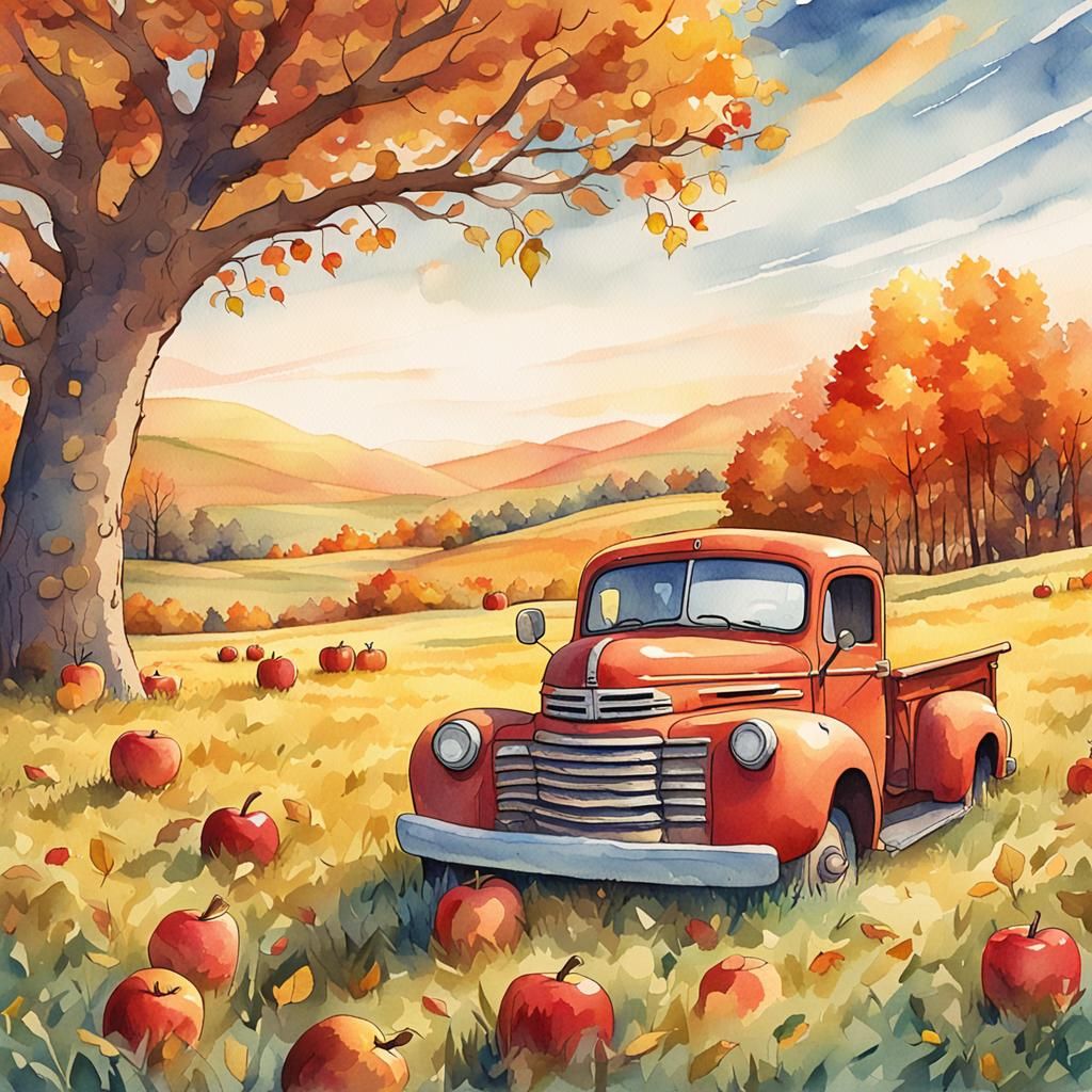 Cartoon Apple in Vintage Truck, Watercolor Comic Art