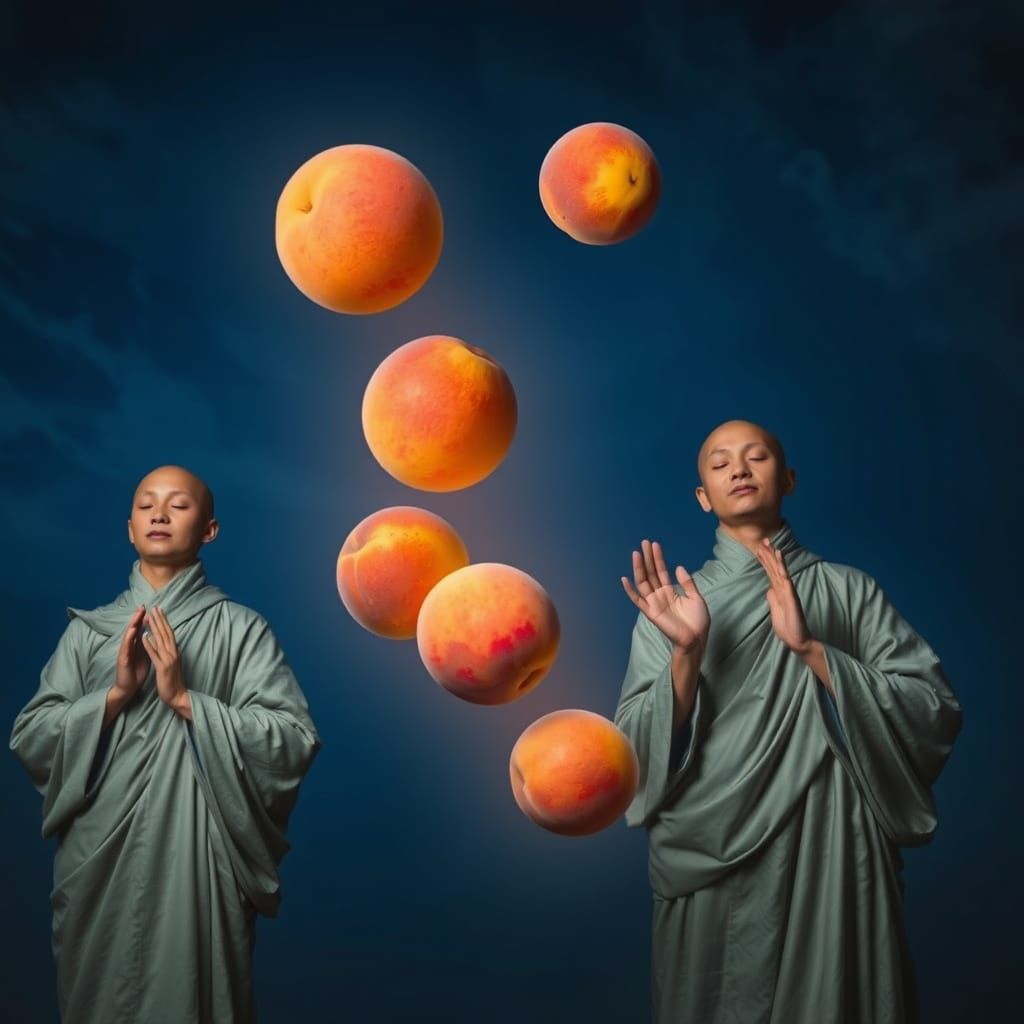 Serene Silver Monks Levitate Peaches Under Ethereal Indigo S...