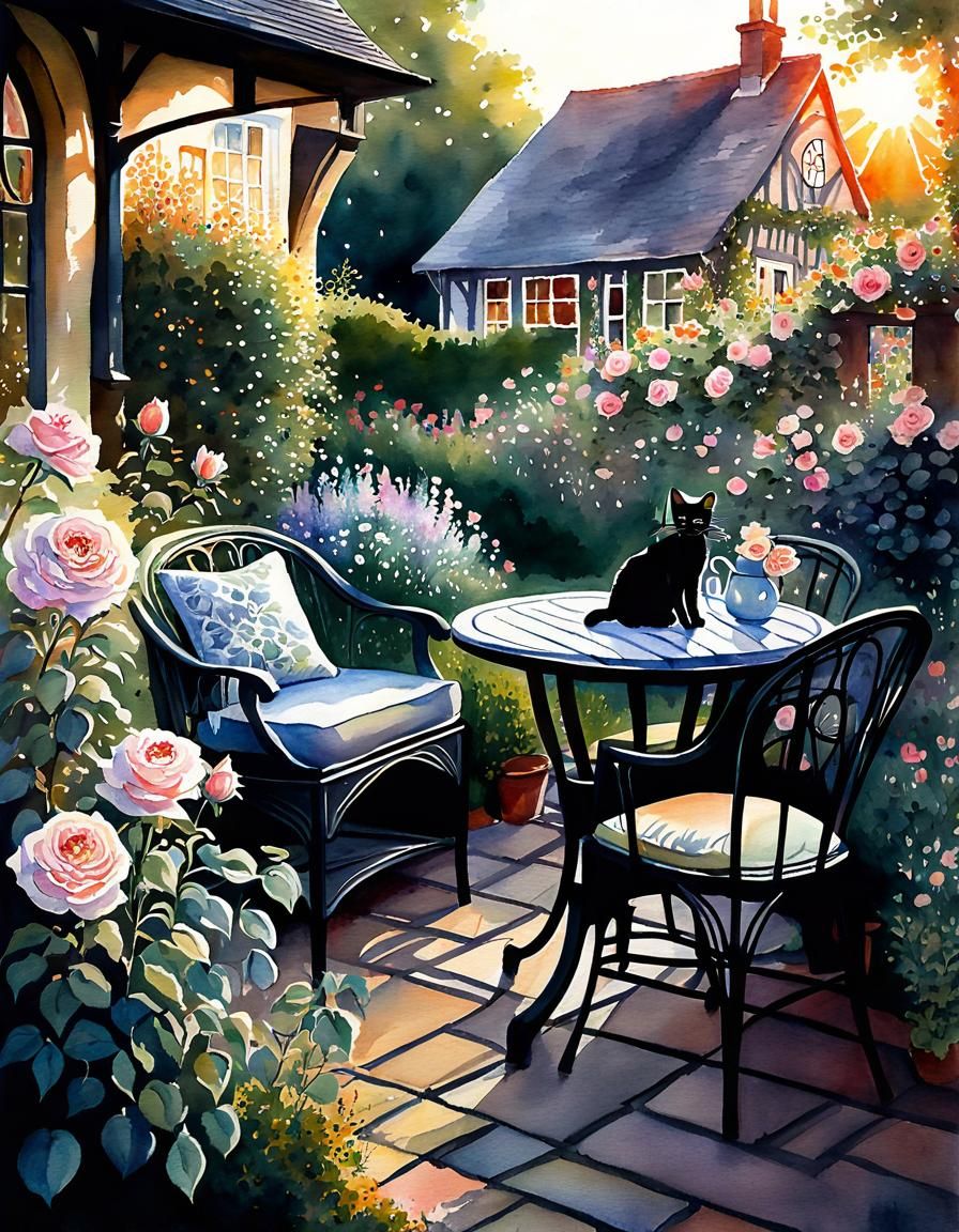 Romantic Black Cat in Cottage Garden Watercolor