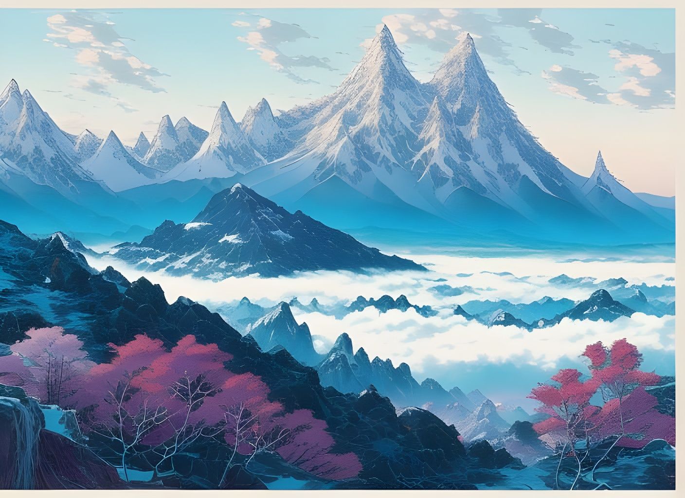 Epic Snow-Capped Mountains in Fog, Digital Art