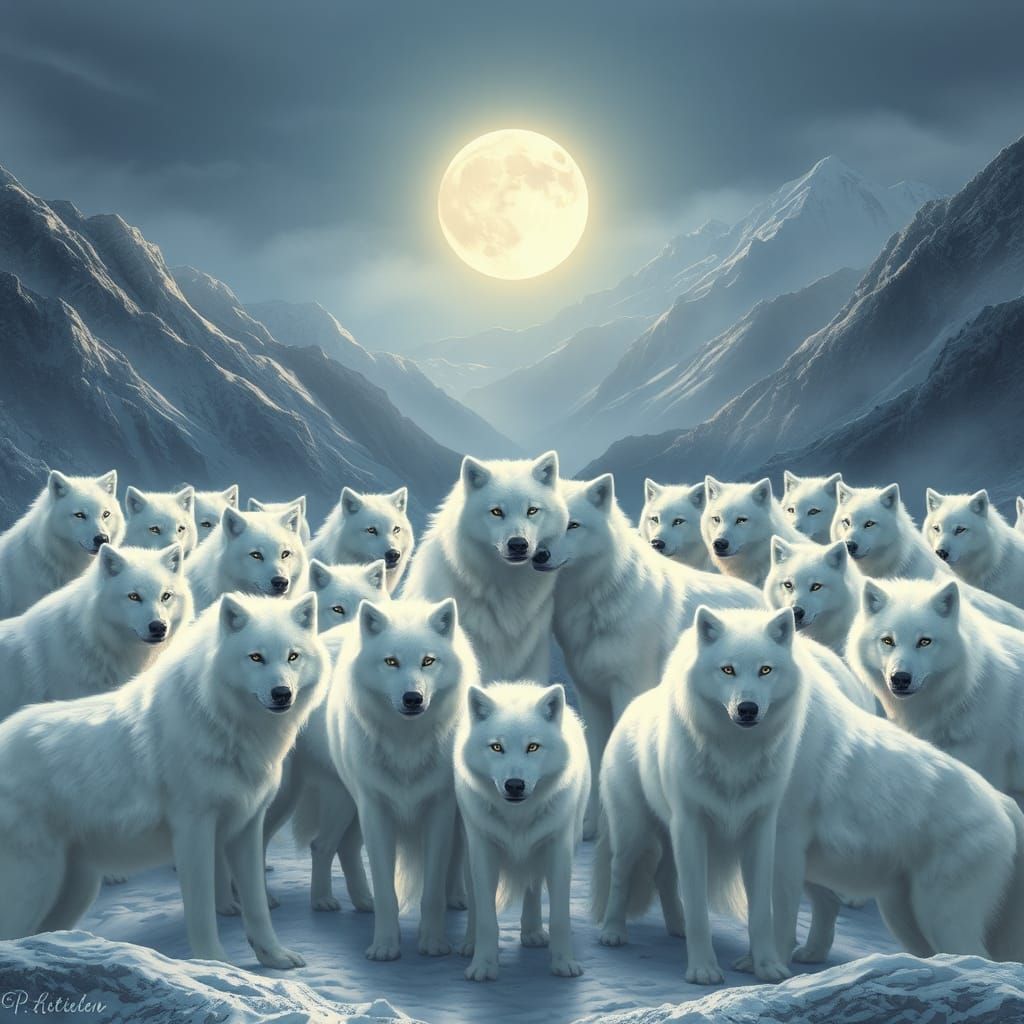 Majestic White Wolves Gathering Under Moonlight