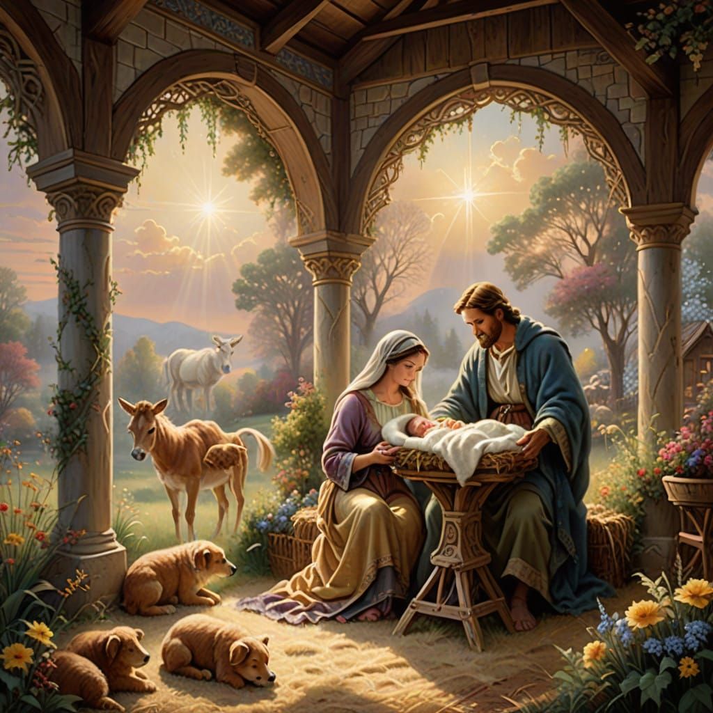 Heavenly Manger Scene with Soft Focus Sunny Beams and Delica...