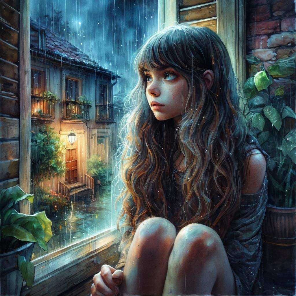 Girl Gazing Out Window on Rainy Night