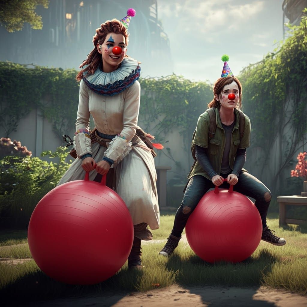 Characters Aloy and Ellie as Clowns in Backyard