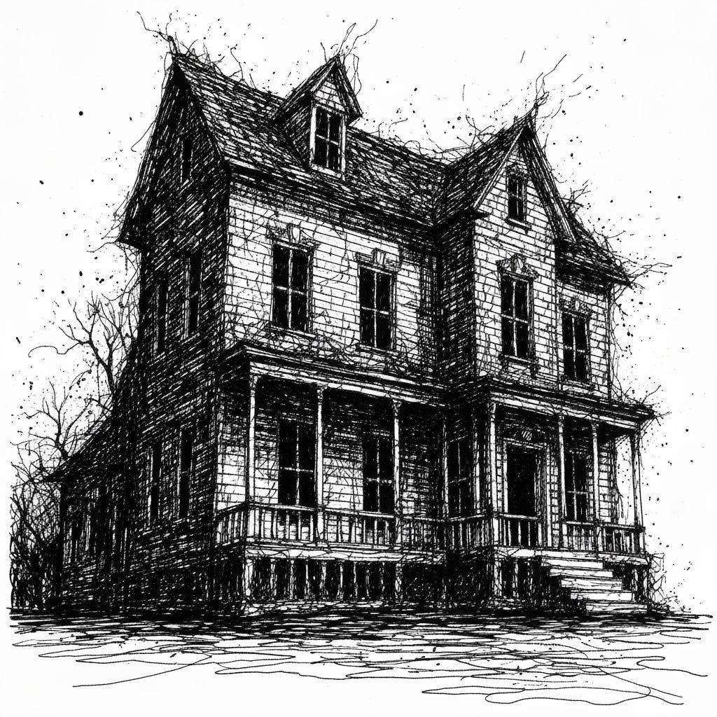 Haunted House in Chaotic Ink Splatter Style