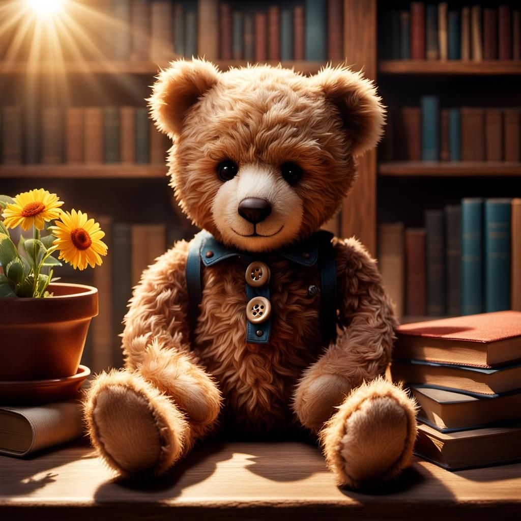 Cinematic Still Life of Teddy Bear with Books