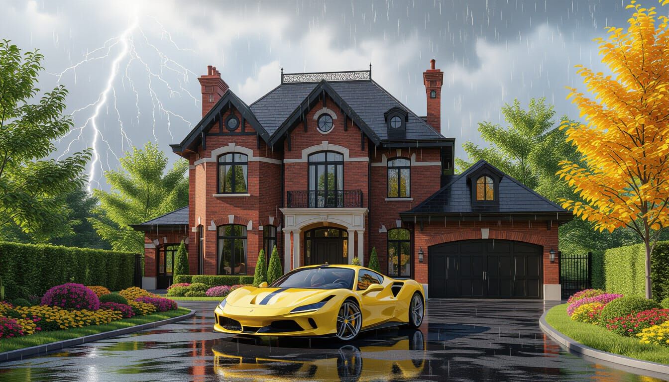 Victorian Chateau with Ferrari in Stormy Garden