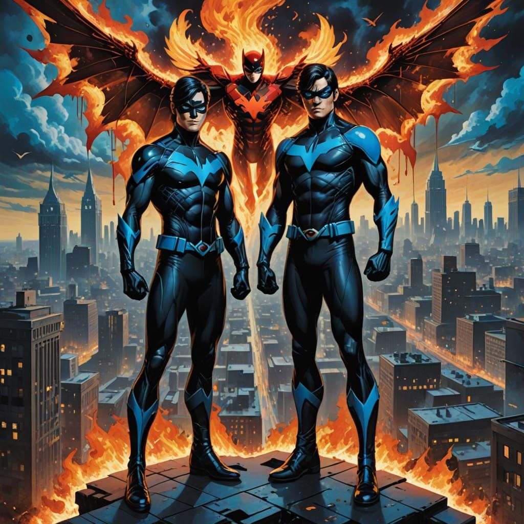Nightwing and Flamebird in a Surrealist Cityscape