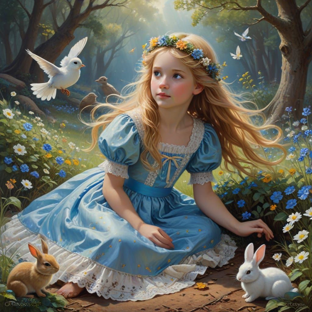 Fairytale Girl with Animals in Impressionist Oil Painting