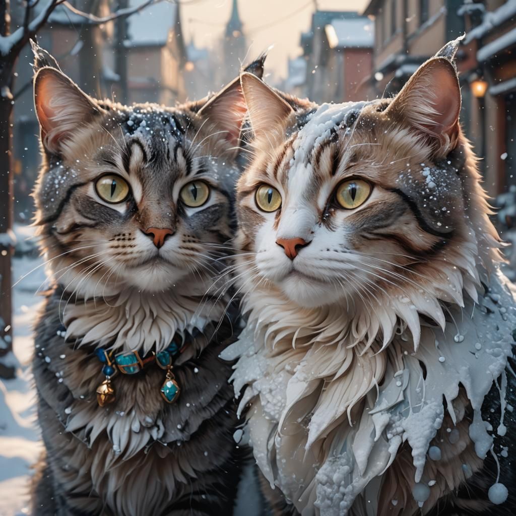 Two Cats in Winter Portrait, Hyperdetailed Art