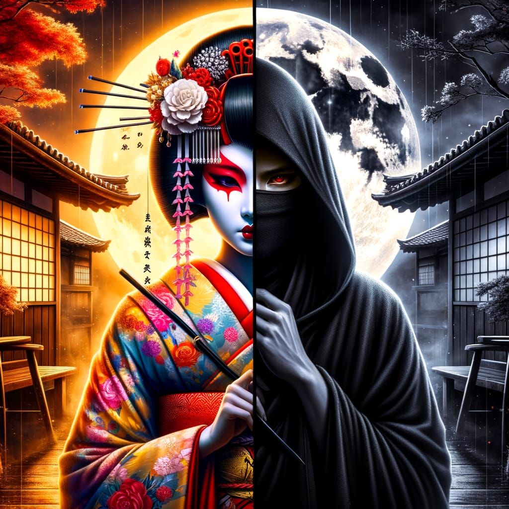 Geisha and Ninja: A Split Surreal Illustration