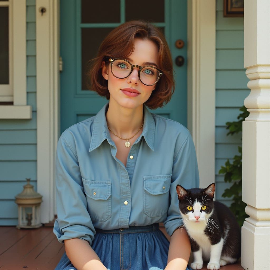 Hyperrealistic Portrait of a Young Woman with Cat