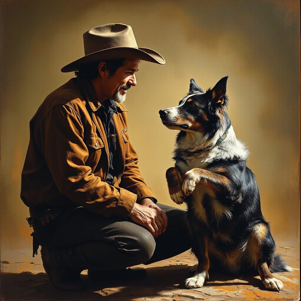 Rugged Cowboy and Loyal Border Collie Share Tender Moment