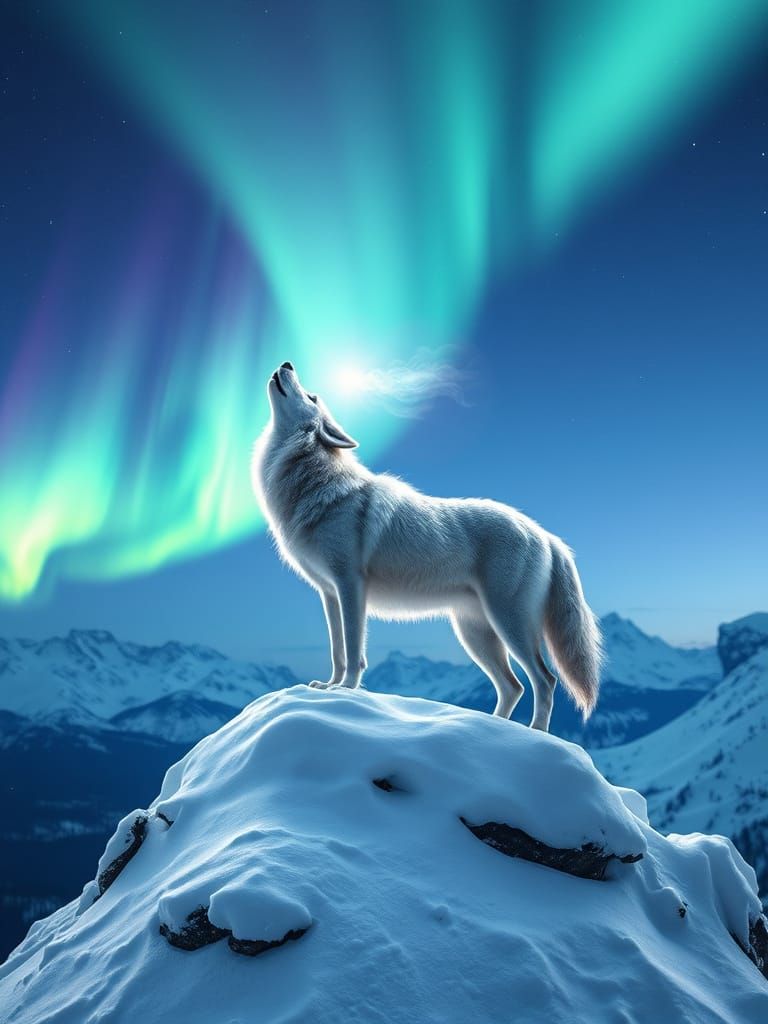 Silver Wolf Howling at Aurora Borealis