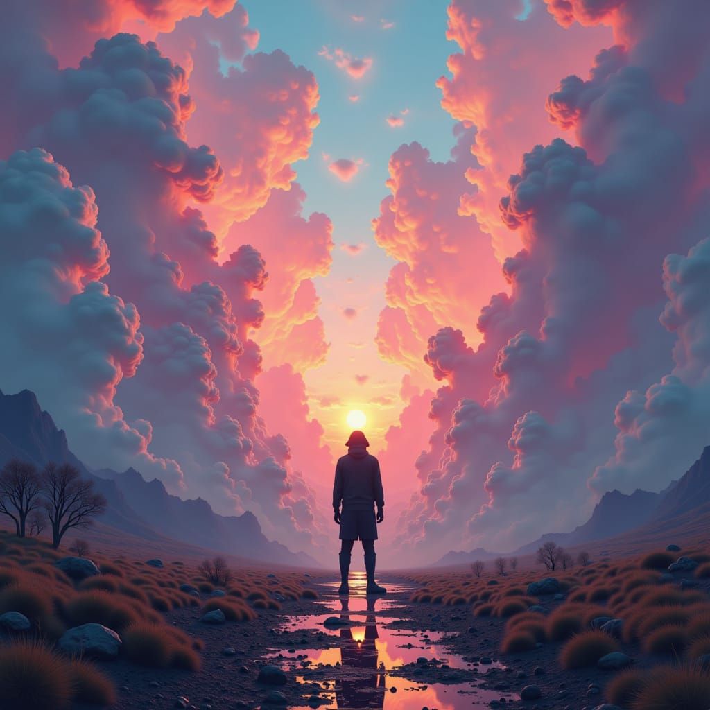 Surreal Landscape with Lone Figure in Digital Art Style