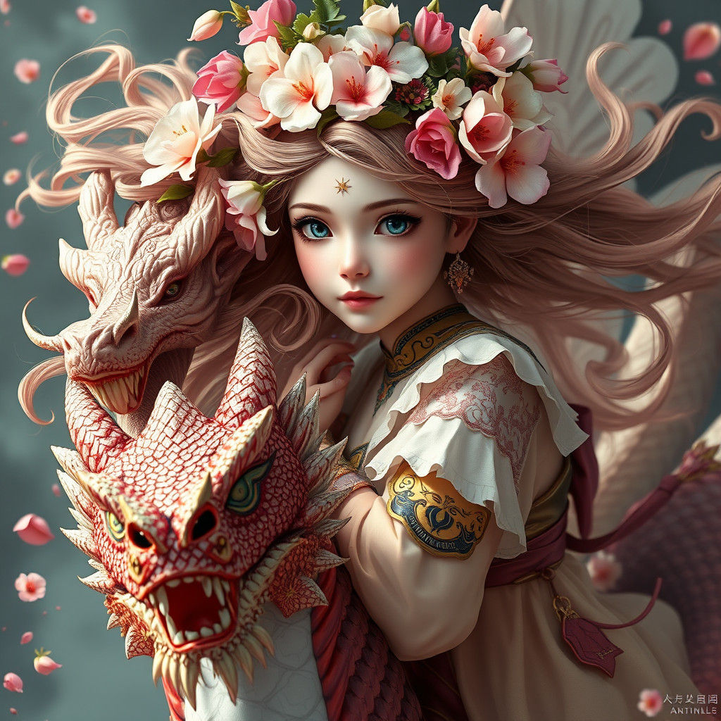 Fantasy Flower Girl Rides Dragon: Splash Art Portrait
