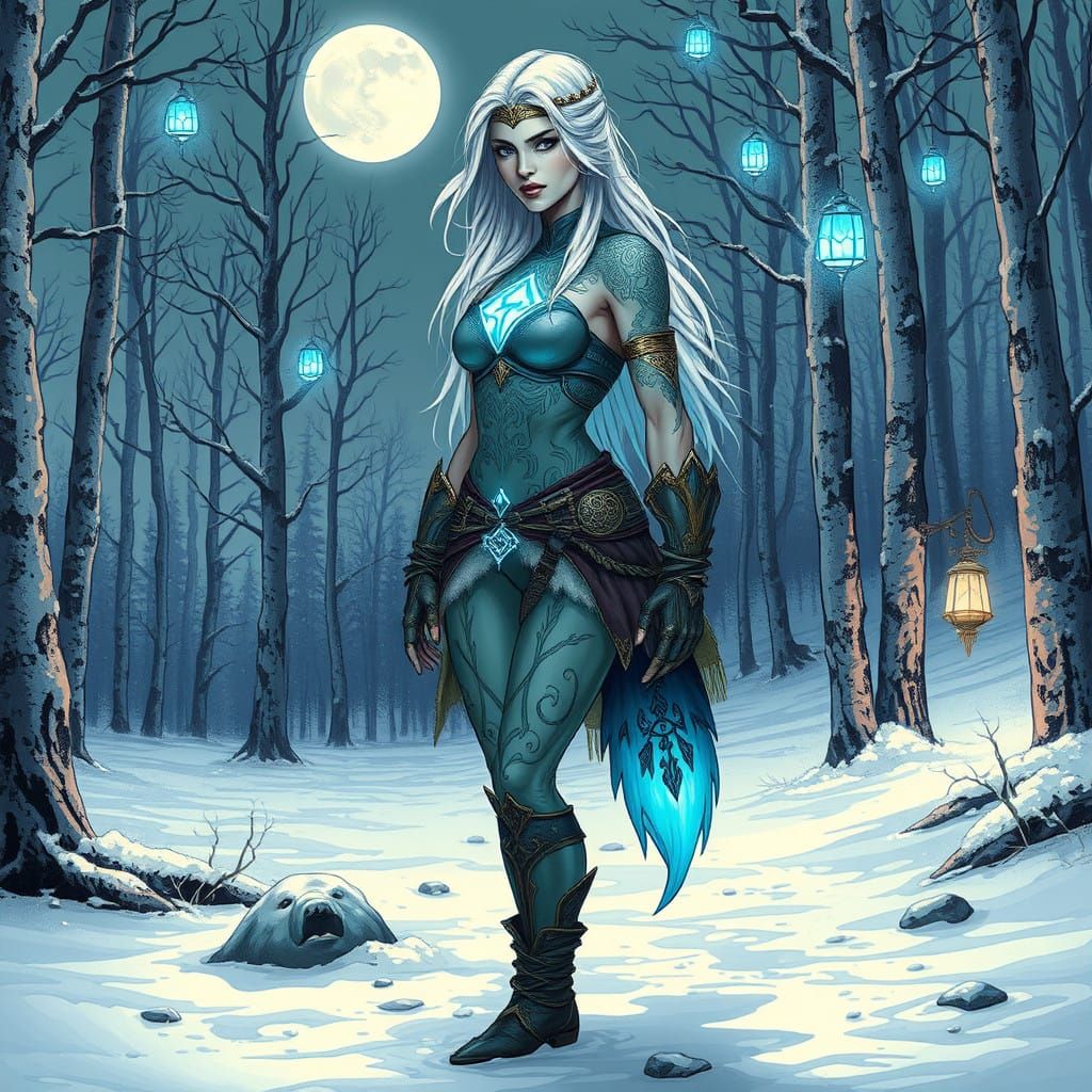 Vampire Huntress in Frosted Landscape, Infused with Ethereal...