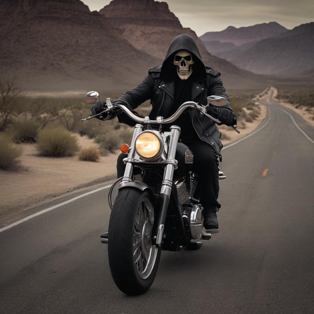 Grim Reaper Rides a Harley on Desert Highway