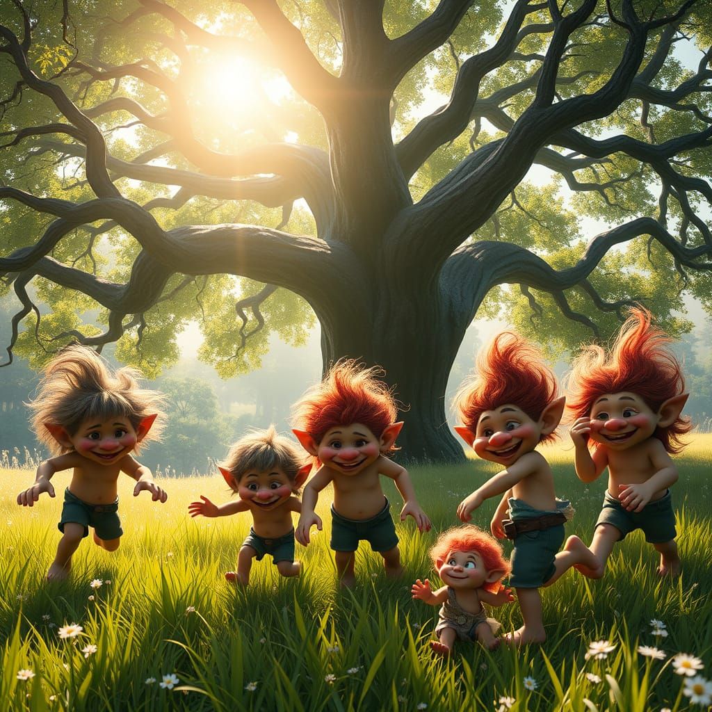 Whimsical Troll Siblings in a Sun-Drenched Meadow