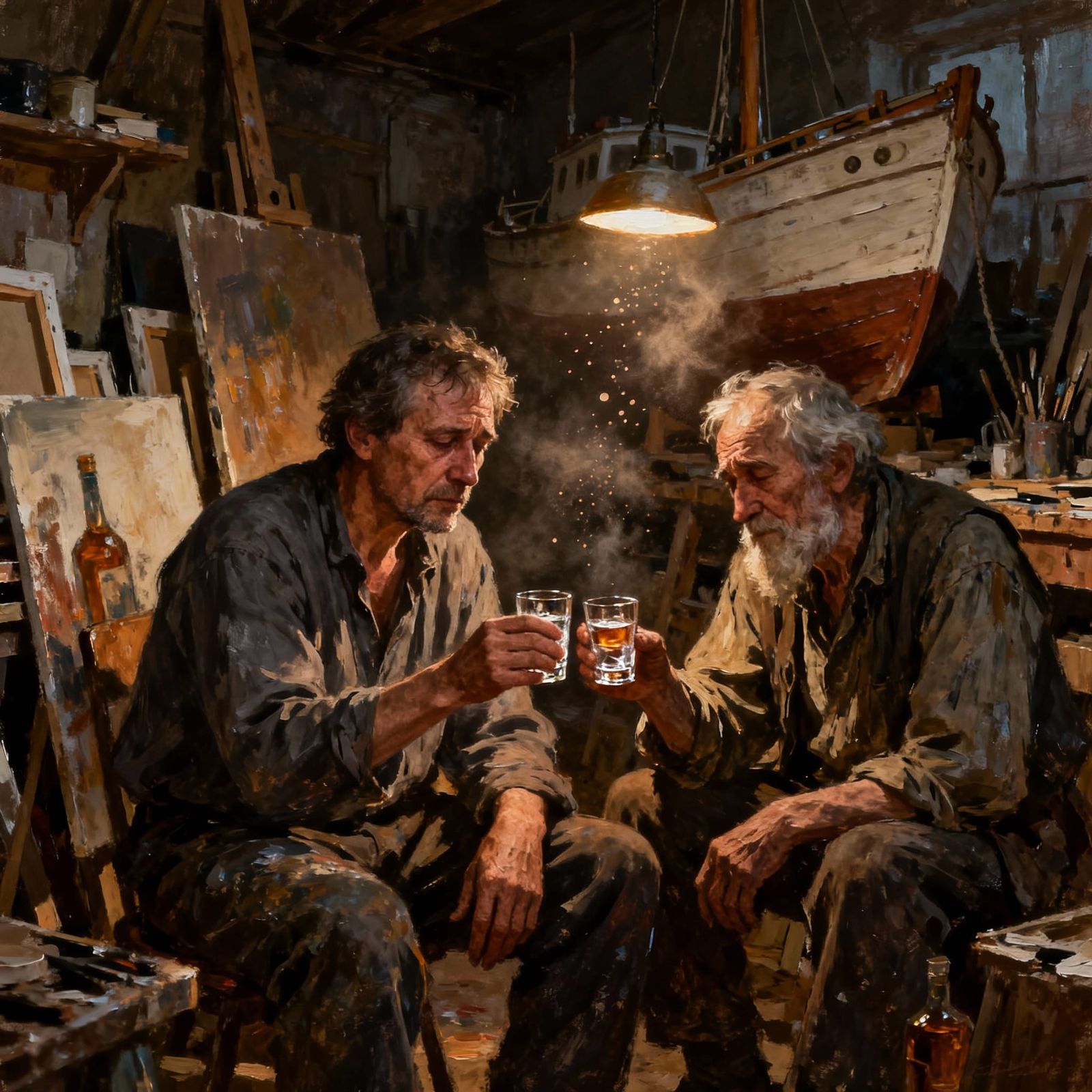 Tired Artist Shares Vodka With Boatmaker Friend in Workshop