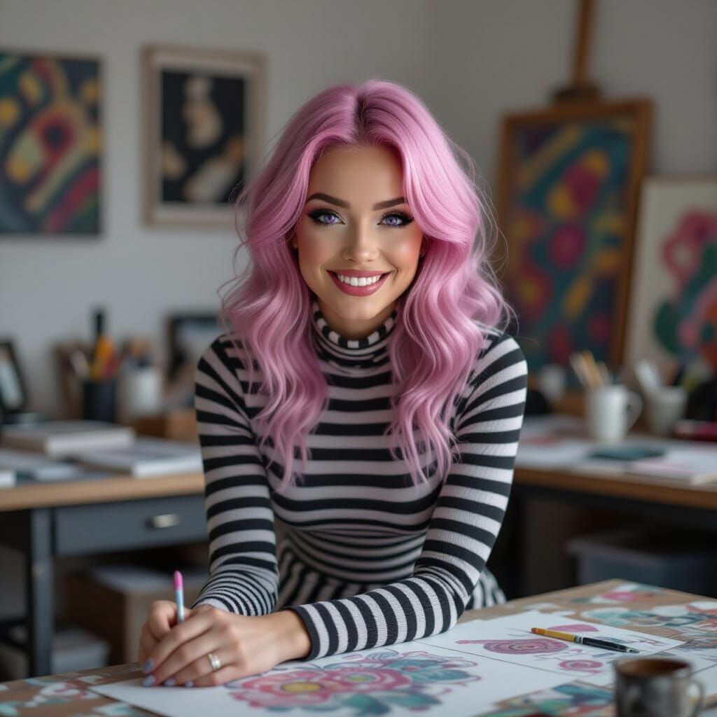 Pink-Haired Woman in Art Studio, Hyperrealistic