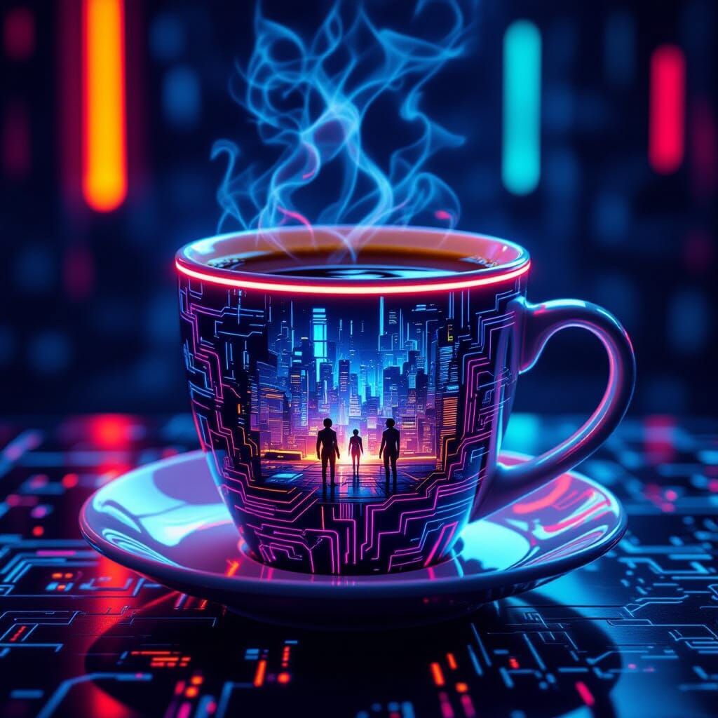 Neon Coffee Cup Reflecting Cyberpunk Cityscape
