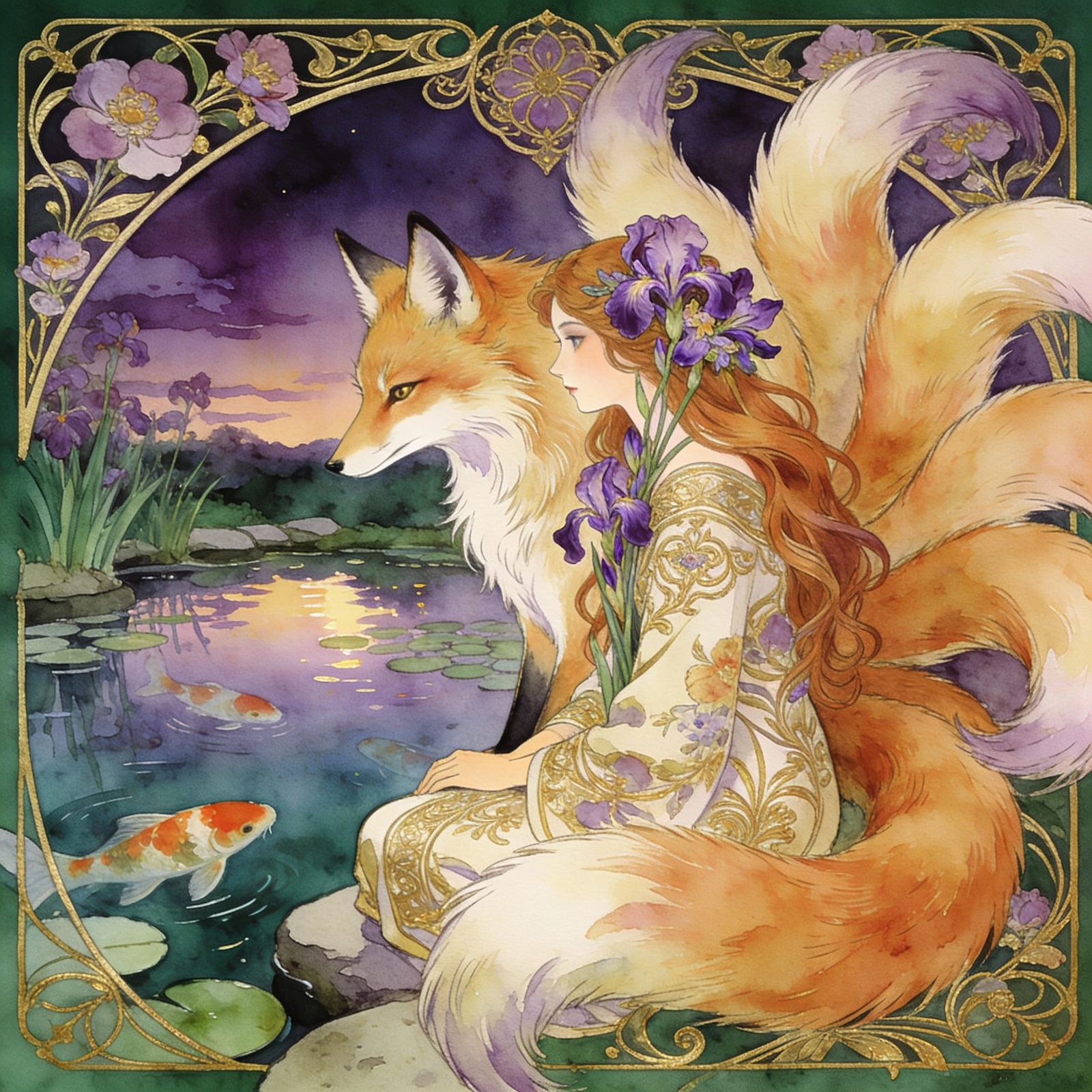 Art Nouveau Illustration of Woman and Nine-Tailed Fox by Pon...