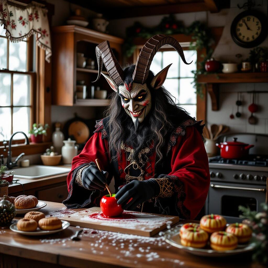 Krampus Baking Caramel Apples in Gothic Kitchen