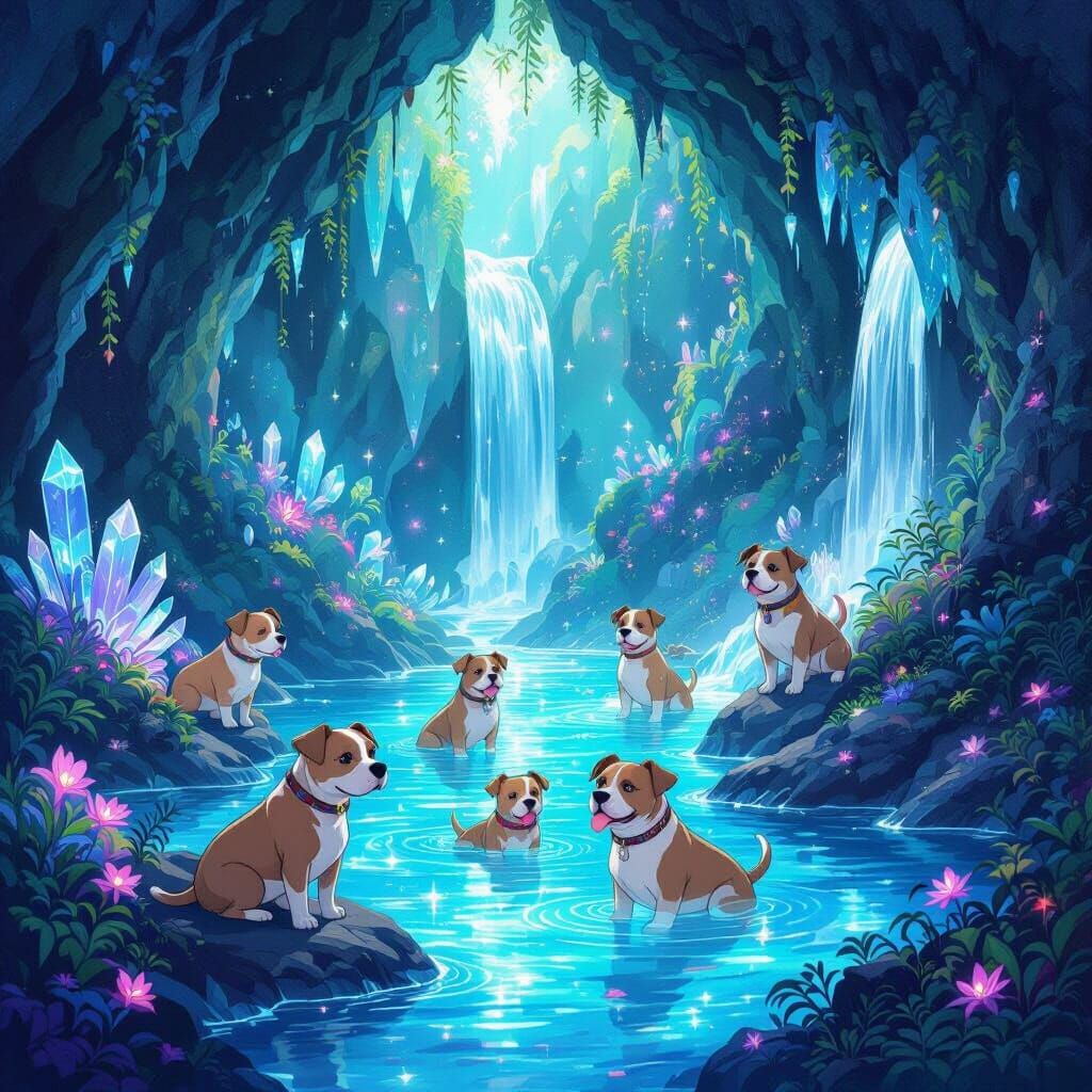 Magical Pitbull World: Crystal Caves & Bioluminescent Flora