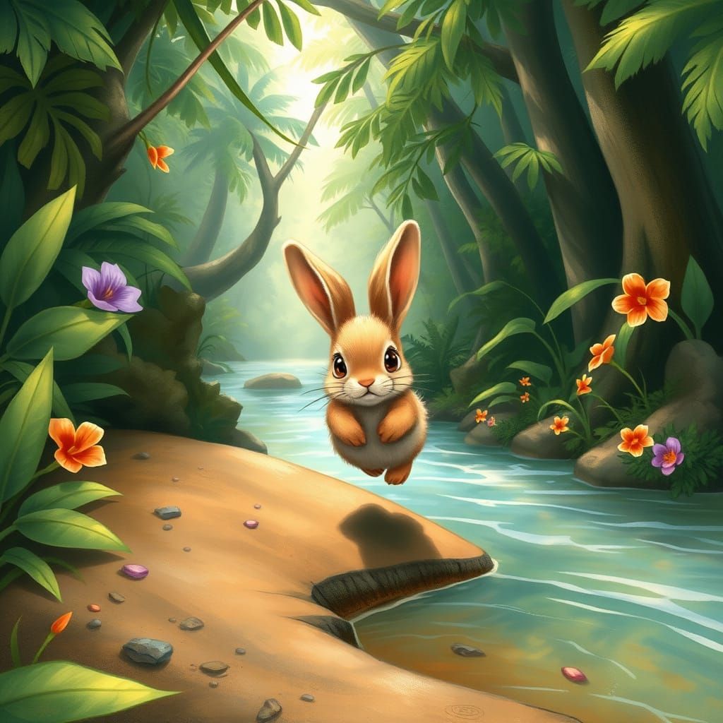 Whimsical Riverbank Rabbit Scene in Vibrant Jungle Setting