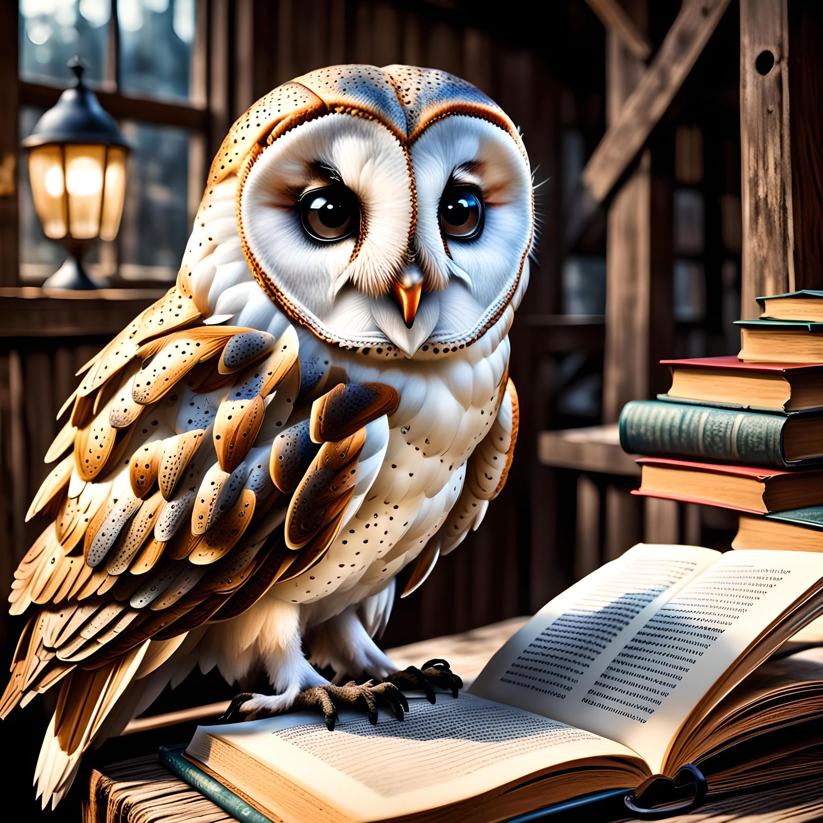 Barn Owl Reading Book in Hyperrealistic Detail
