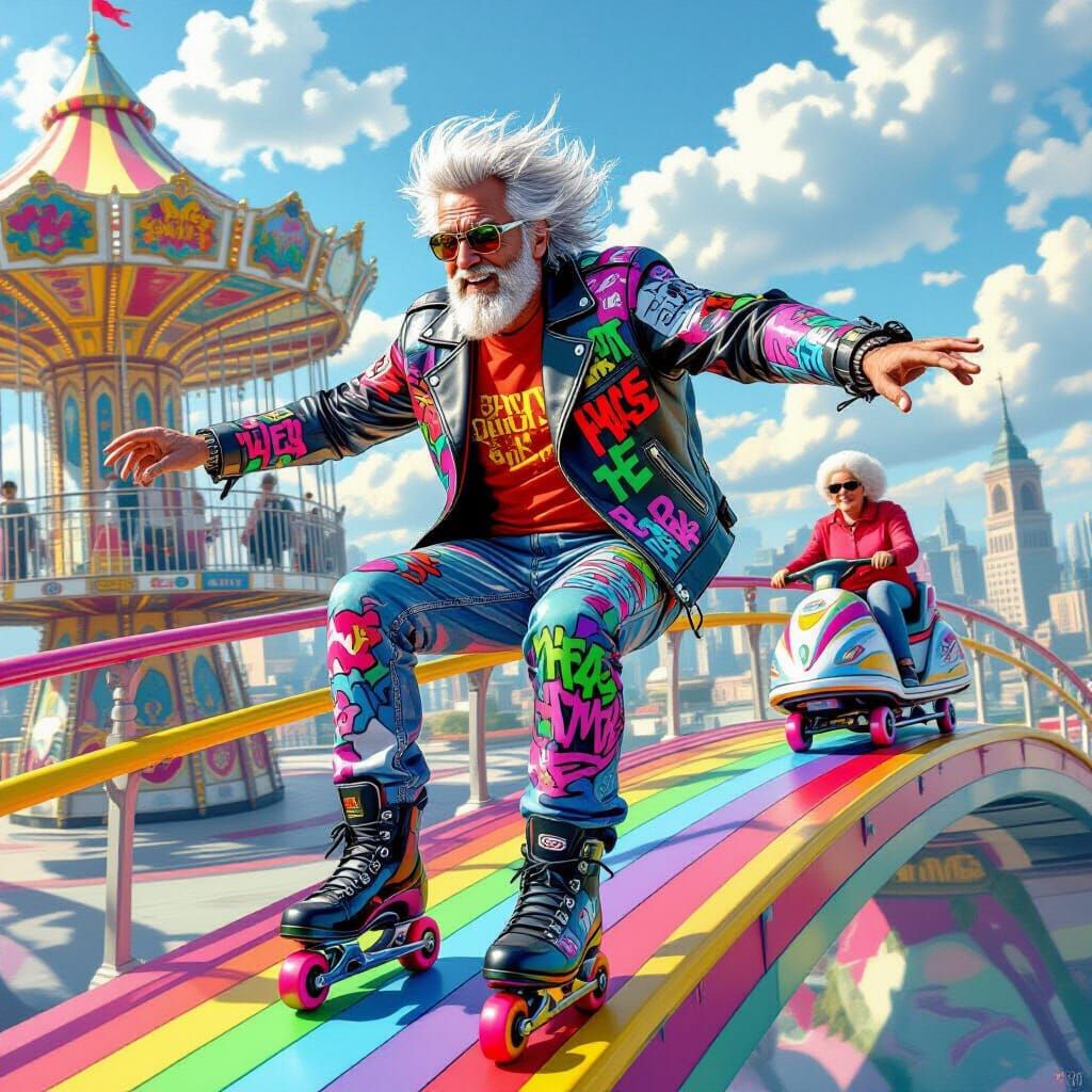 Man Glides at Futuristic Skate Park in Comic Book Style