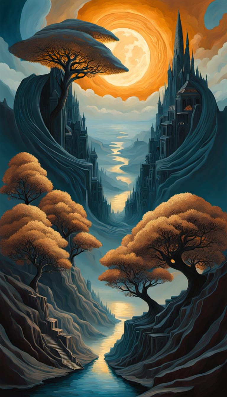 Ethereal Labyrinthine Cityscape in Escher Style