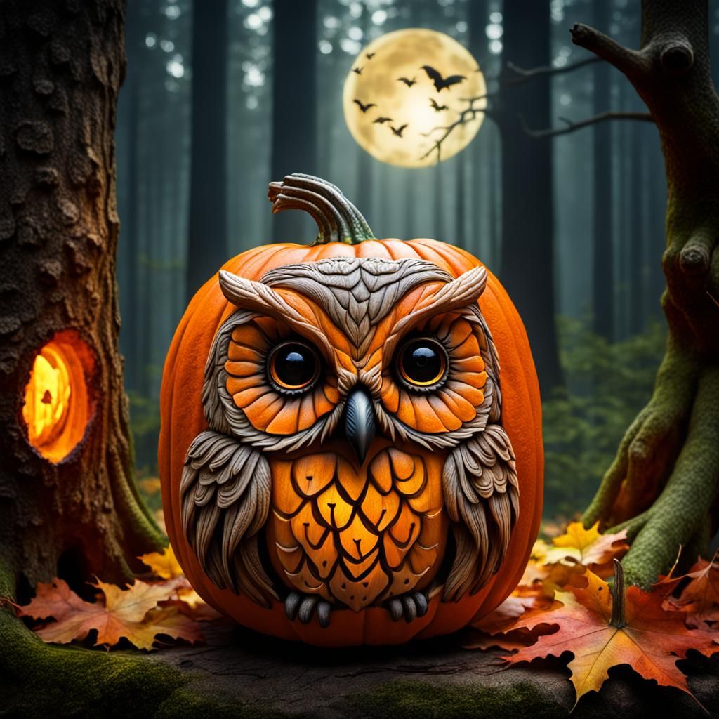 Hyperrealistic Carved Pumpkin with Owl in Forest