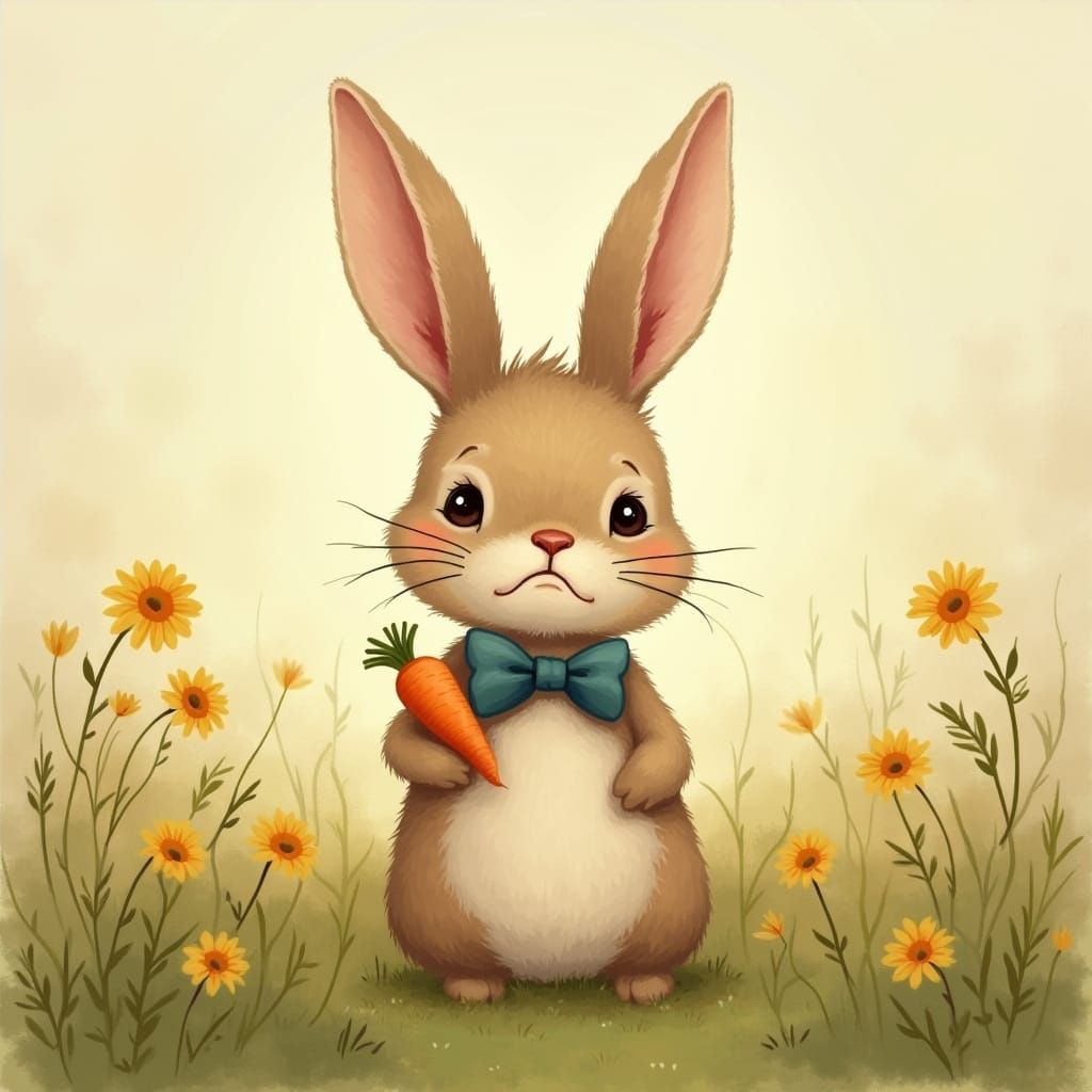 Sad Bunny in Meadow, Whimsical Illustration