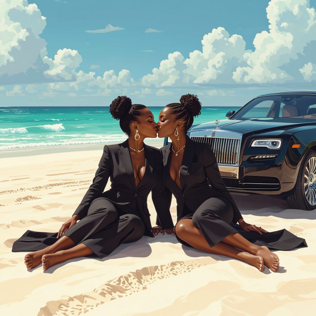 Lesbian Couple Kissing on Beach Beside Luxury Car