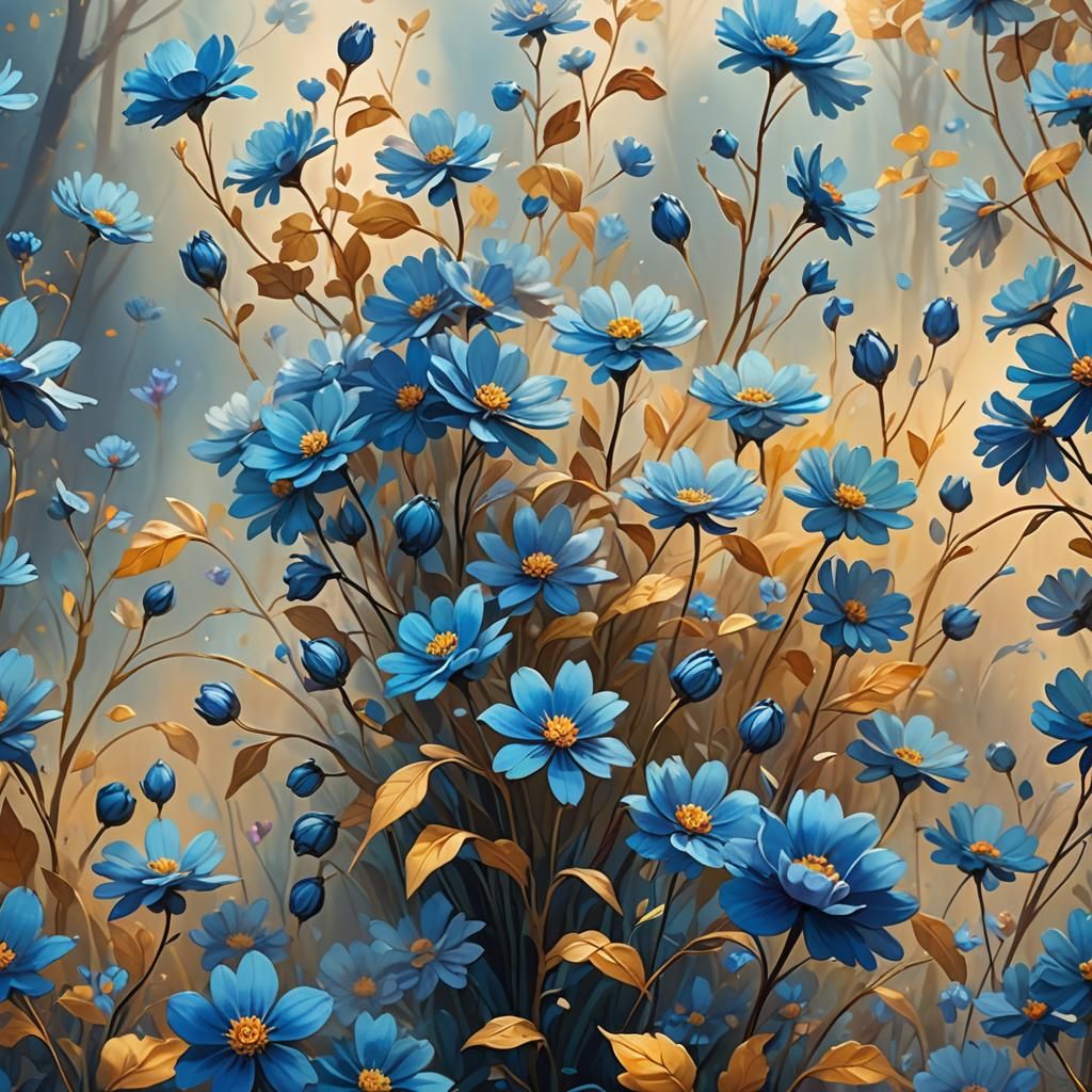 Blue Autumn Flowers in Vibrant Oil Painting Style
