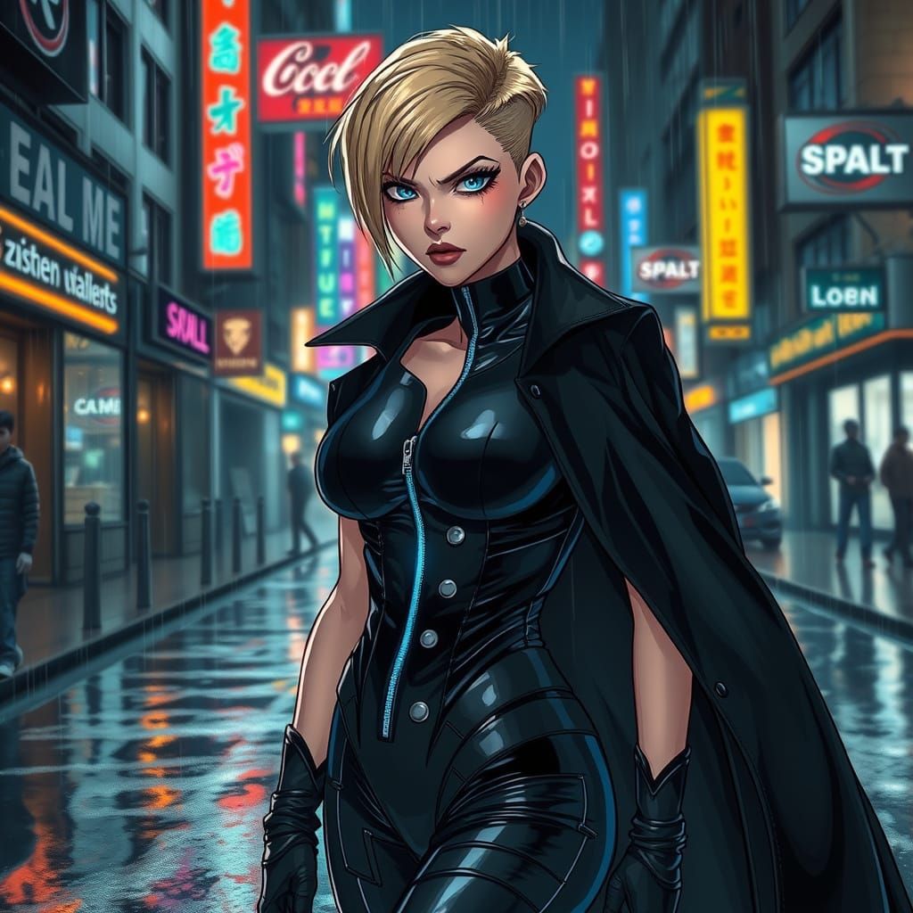 Cyberpunk Femme Fatale in Neon Drenched Urban Landscape