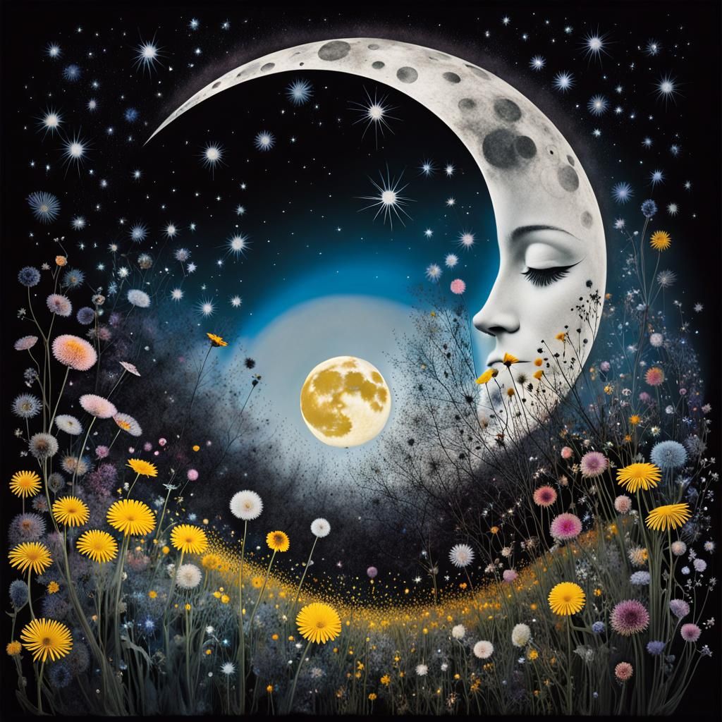 Floral Moon Dreamscape with Fairy Silhouette
