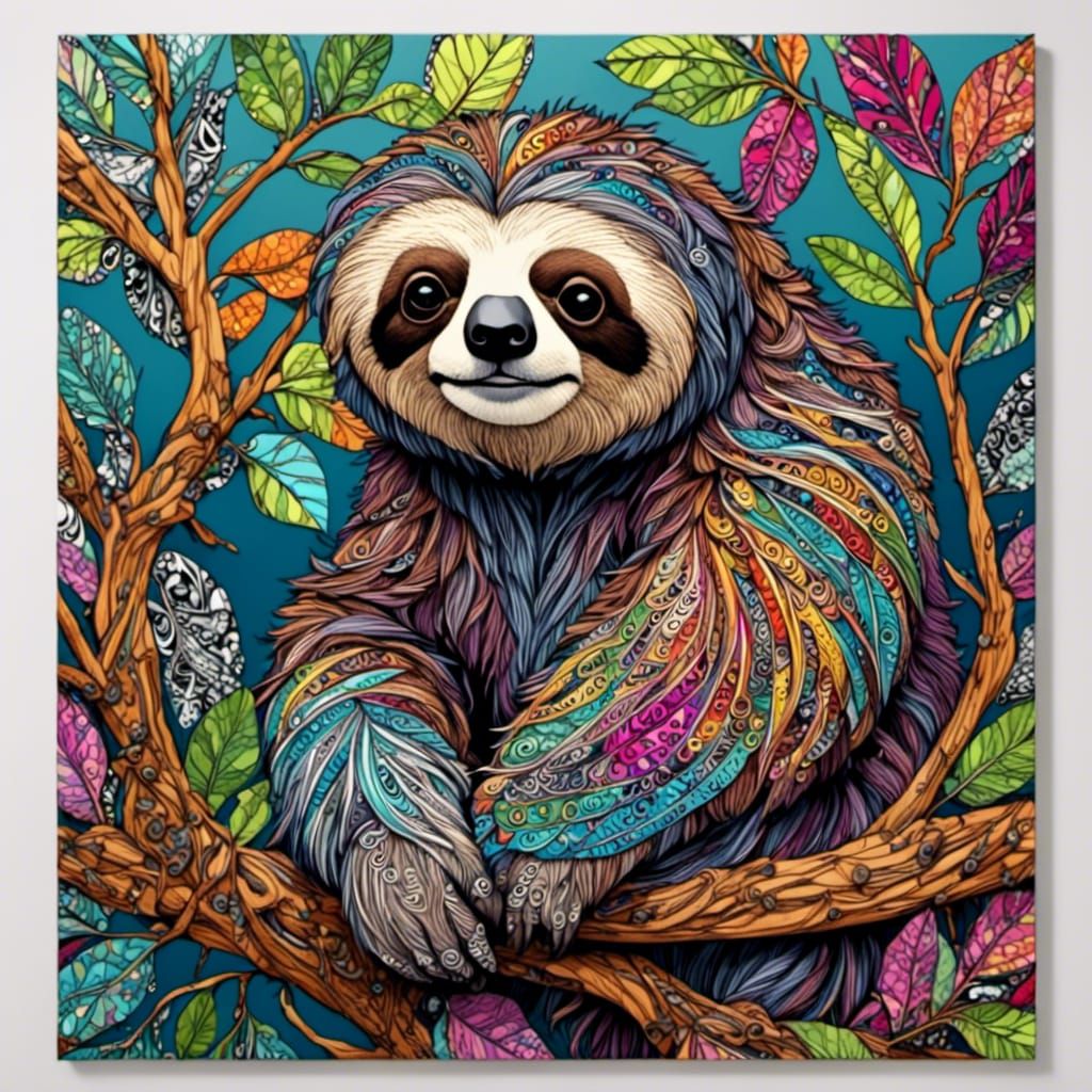 Rainbow Zentangle Sloth on Branch in 3D
