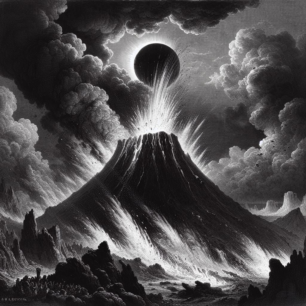Volcanic Eruption in Romantic Era Engraving Style