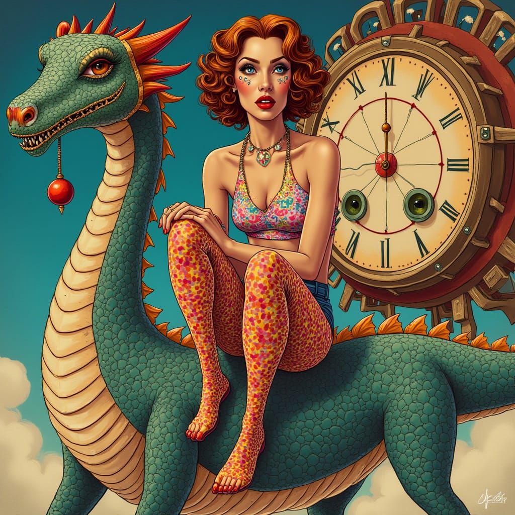 Pin-Up Girl on Steampunk Dragon in Pop Art Style