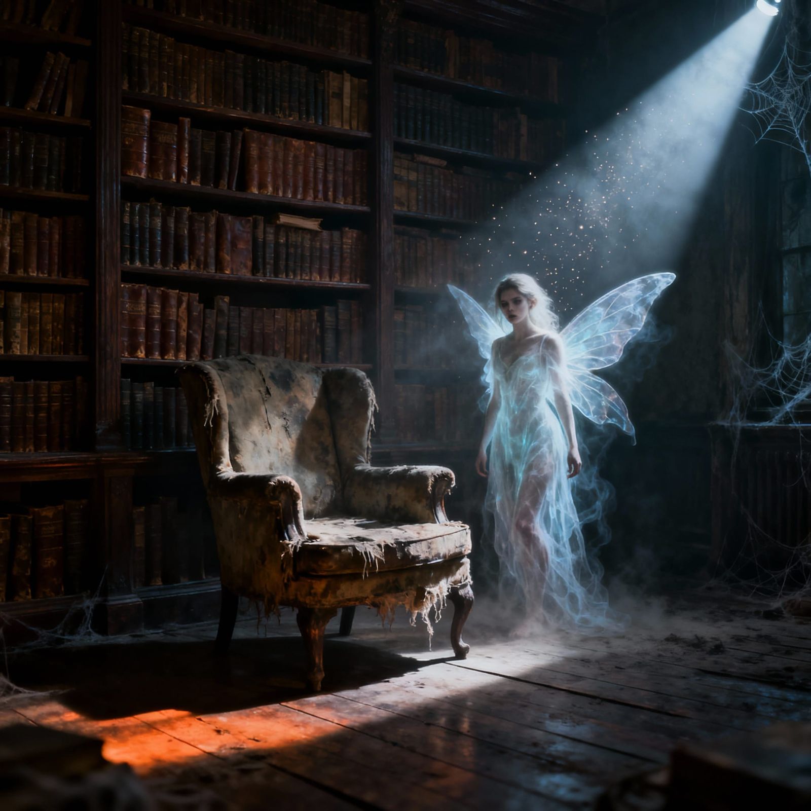 Spectral Fairy in Dusty Library, Gothic Horror Style