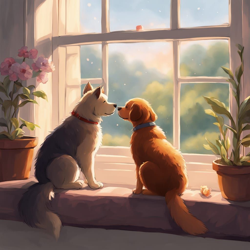 Whimsical Illustration of a Cozy Cat and Dog